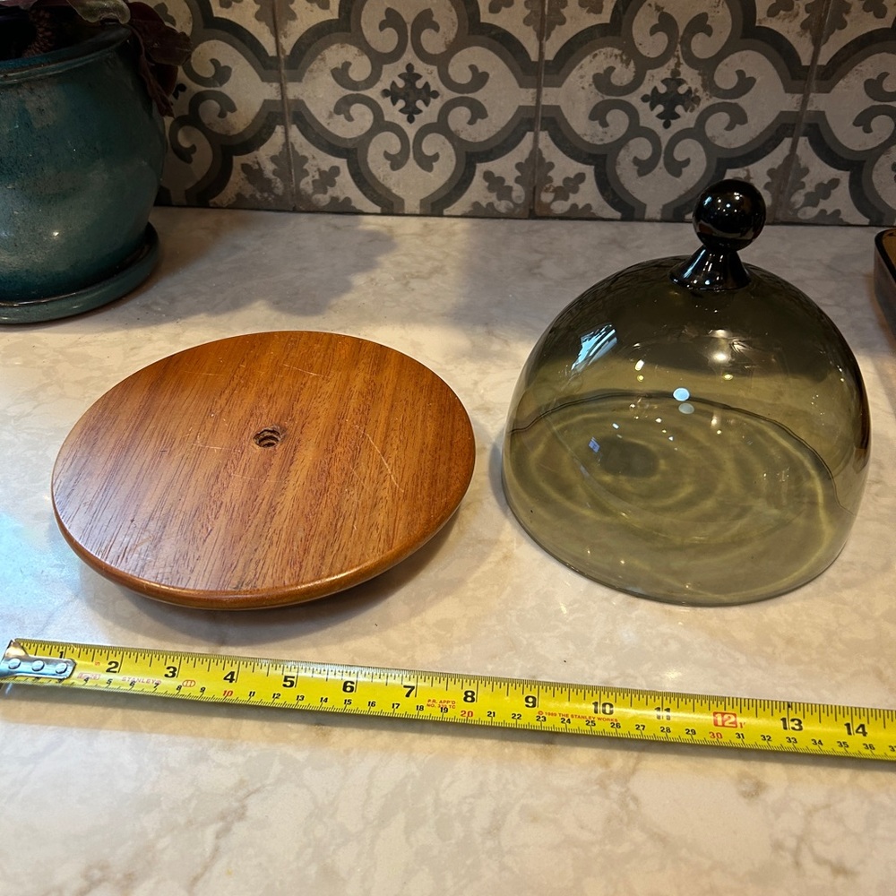 Mid-Century Modern Smoky Glass Dome Cloche with Wooden Base-EUC - Picture 7 of 9